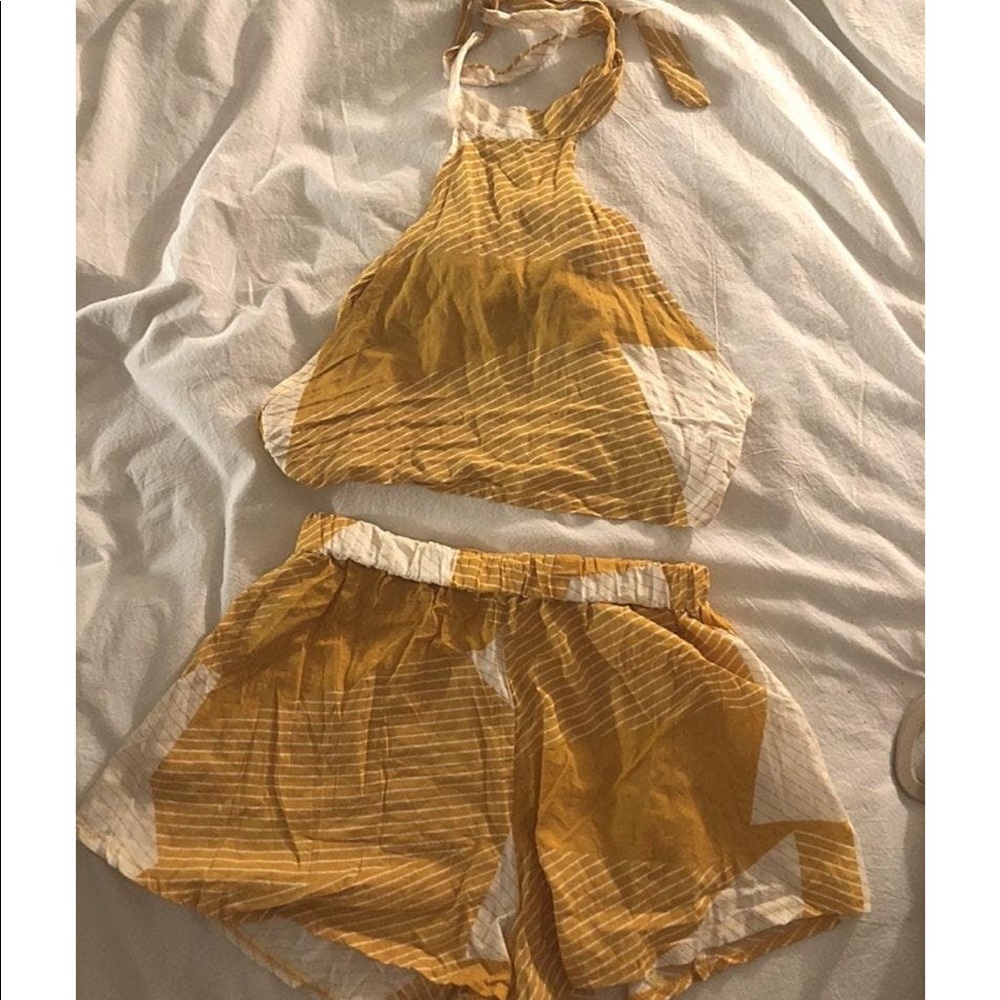 Shein yellow white shorts halter two piece set